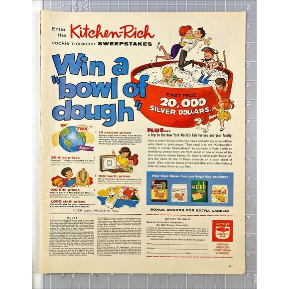 Kitchn Rich Cookie & Cracker Sweepstakes "Win a bowl of dough" Vtg Print Ad 1964 - Picture 2 of 3
